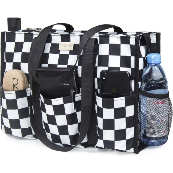 Utility Water Resistant Tote Bag with 13 Pockets Top Zipper Closure & Thick Bot